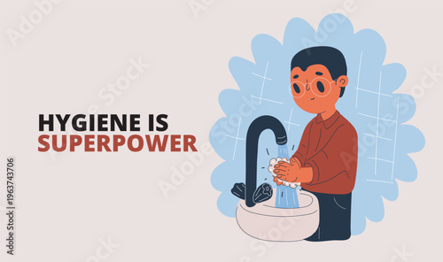 Cartoon vector illustration of boy washing hands in sink, symbolizing hygiene, care, and healthy habits