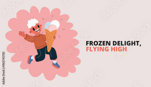 Cartoon vector illustration of boy running with ice cream, symbolizing joy, playfulness, and childhood delight
