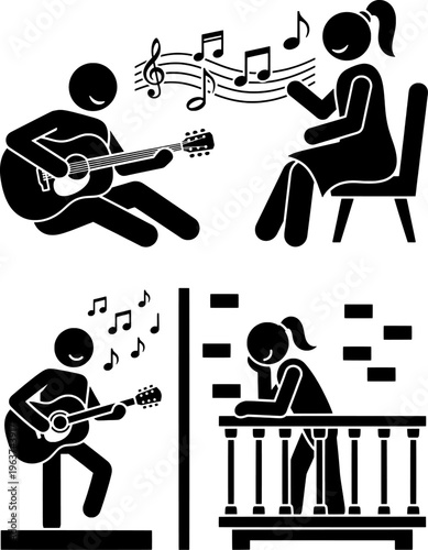 Guitar Serenade Icons – Man Playing Acoustic Guitar and Woman Listening Music Silhouette Vector Illustration