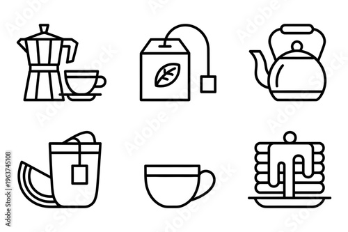 A set of six minimalist icons depicting various tea and coffee brewing devices
