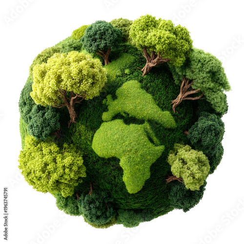 Miniature Earth globe covered in lush green forest and moss featuring Africa on a white background symbolizing environmental themes