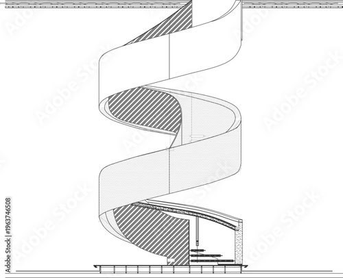 Technical architectural section drawing showing modern spiral staircase with curved landings, hatched steps and continuous helical form for vertical circulation.