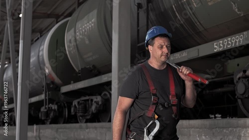 Professional oilman walks along a train of tank cars with fuel and carries a tool in his hands