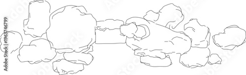 Technical landscape plan view drawing showing a cluster of irregular boulders and rocks arranged in a natural formation for garden or site design.