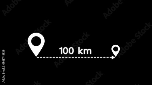 location icon on black background . 100 km distance icon. distance from one place to another is kilometer.