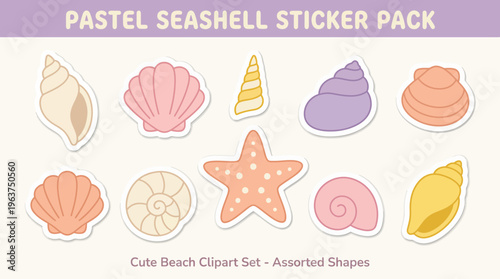 Pastel seashell sticker pack with conch scallop and starfish