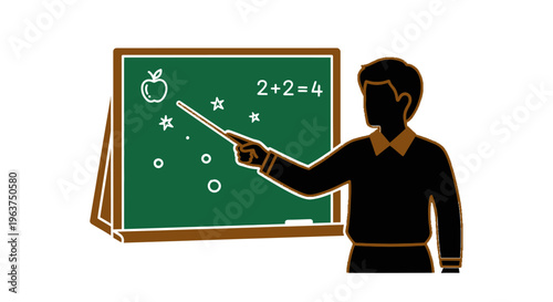 Teacher pointing at blackboard with chalk.