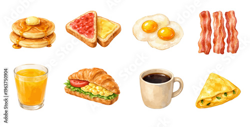Watercolor breakfast food collection illustration, pancakes toast eggs bacon juice coffee and pastries isolated on white background.