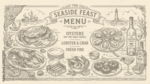 Antique seafood illustration with crab lobster shellfish and shrimp