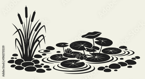 Black silhouette of pond plants.