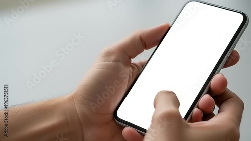 Hands holding a blank smartphone screen.