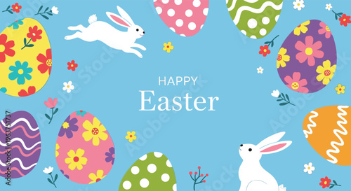 Happy easter background with white rabbits colorful eggs and spring flowers on blue backdrop cute bunny character hopping among floral elements and decorated egg shapes for holiday celebration.