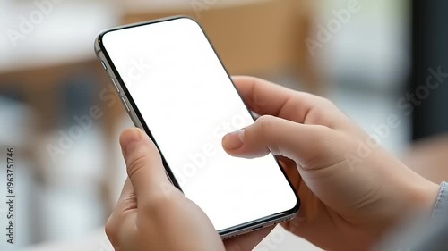 Hands holding blank smartphone screen closeup.