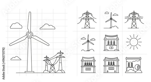 Wind turbine line icons and symbols.