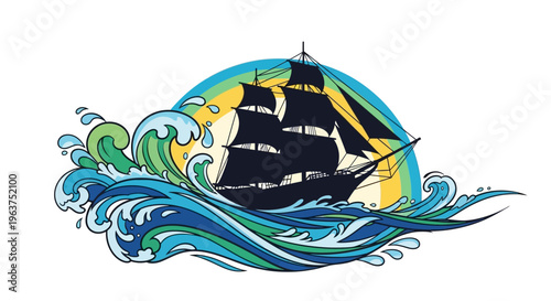 Vintage Sailing Ship on Ocean Waves.