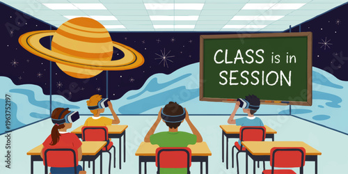 Futuristic classroom with kids using virtual reality headsets for space education, Saturn planet illustration, immersive learning concept