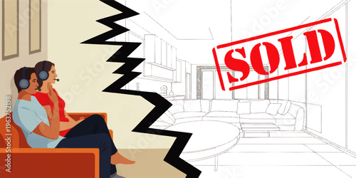 Online real estate sales support concept with call center agents, split screen modern living room sketch and bold red sold stamp