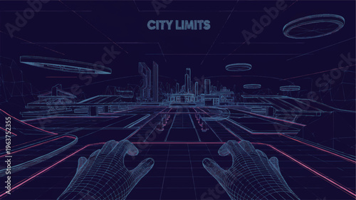 Futuristic neon wireframe city limits with virtual reality hands, cyberpunk sci fi skyline and holographic digital landscape