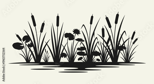 Black silhouette of cattail plants water.