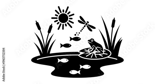 Black silhouette of frog on lily pad.