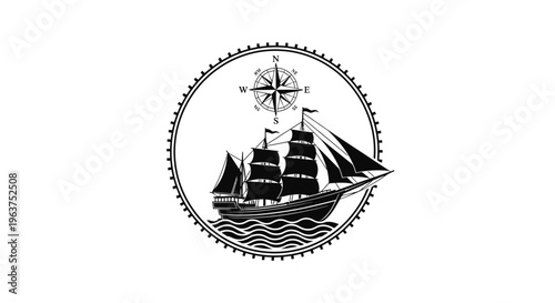 Vintage Sailing Ship Navigation Emblem.