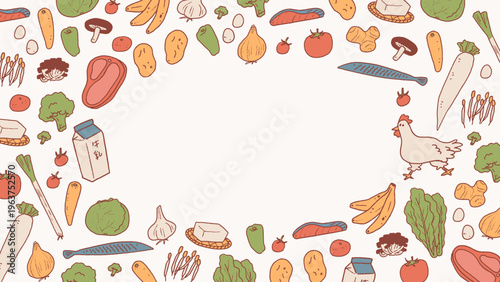 野菜、スーパー、食材などの節約やレシピなどに向けた手書きベクターフレームイラスト素材 16:9 Hand-drawn vector frame illustrations for saving money on vegetables, groceries, and other ingredients, as well as recipes.