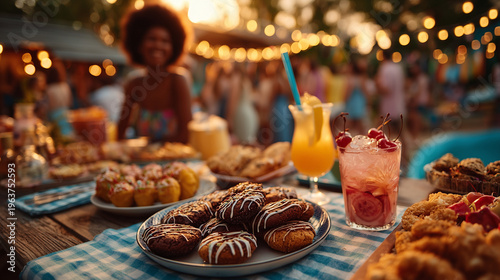 Festive outdoor summer garden party with a delicious buffet of chocolate cookies, muffins, and refreshing tropical cocktails served on a wooden table under glowing string lights at sunset