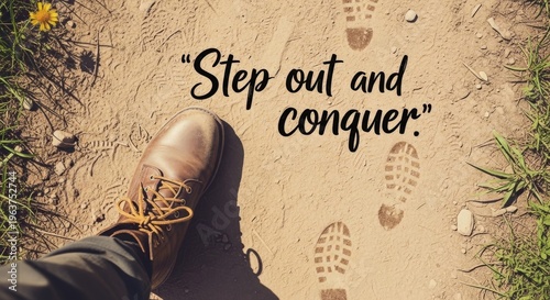 Brown Leather Boot With Footprints and Motivational Quote