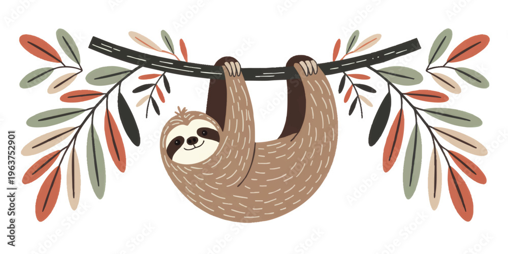 Naklejka premium Cute sloth hanging on branch with colorful leaves, playful nursery animal illustration, kids room wall art, cartoon vector
