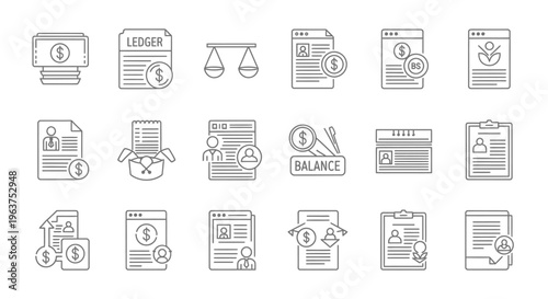 Collection of financial and business icons.