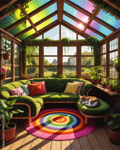 Cozy sunroom with green sofa, rainbow skylight, indoor plants and sleeping cat in bright colorful modern greenhouse interior