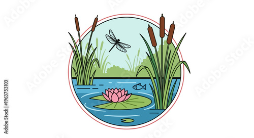 Dragonfly flying over water lilies pond.