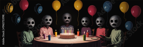 Surreal birthday party illustration with eerie glitch masks, balloons and candles around cake on dark background, creepy digital art