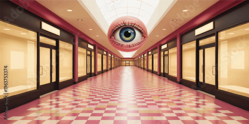 Surreal empty shopping mall corridor with giant floating eye, pink tiles, retail surveillance concept, consumerism illustration