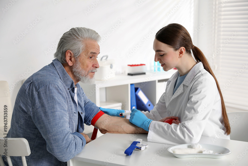 Fototapeta premium Doctor drawing senior man's blood sample in clinic
