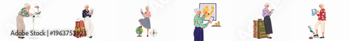 Flat vector illustrations of an active senior woman using digital technology for travel planning, financial management, and global adventures during her retirement years.
