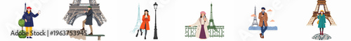 Illustrative Collection of People Posing and Taking Selfies in Front of the Eiffel Tower in Paris