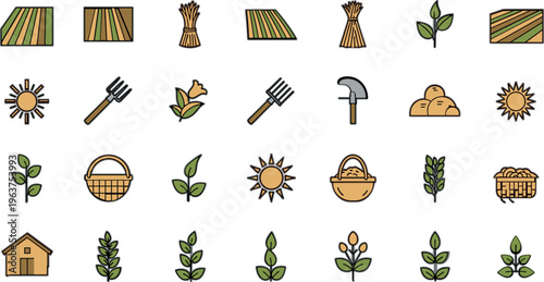 Agriculture icons vector set with farm tools, crops, wheat, plants, baskets, sun symbols and rural elements in flat outline style illustration