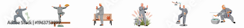 Set of flat illustrations featuring an elderly Asian man practicing traditional Chinese martial arts, Tai Chi, Qigong, and swordplay in peaceful outdoor settings.