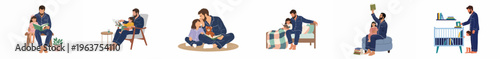 Vector illustration set of a father reading books to his young daughter in various cozy home settings, illustrating bonding and bedtime routines.