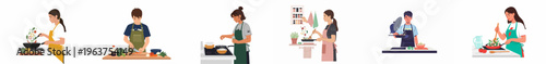 Collection of diverse men and women cooking healthy meals, chopping vegetables, and frying food in modern kitchens, depicted in a flat illustration style.