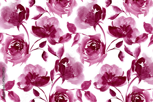 Seamless pattern with flowers and leaves. Hand drawn floral background. Watercolor flower pattern.