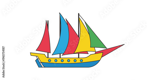 Colorful cartoon sailboat with sails.