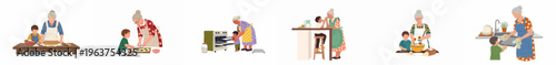 Set of vector illustrations depicting a grandmother and grandson enjoying various kitchen activities like baking cookies, sharing snacks, and washing dishes together.