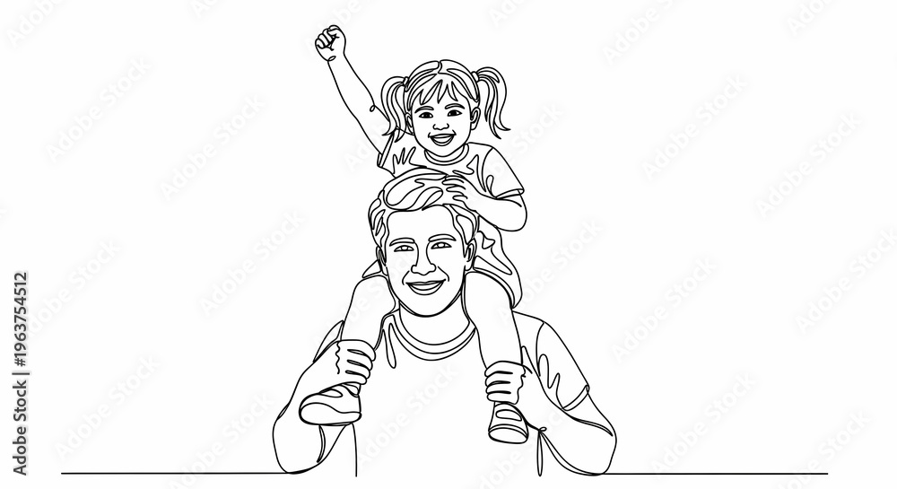 Obraz premium A smiling man with a girl sitting on his shoulders and her arm raised in excitement in a line drawin