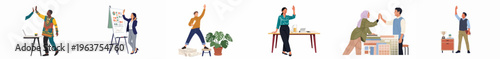 Flat illustration of diverse professional business people collaborating, presenting, and celebrating in a modern workplace setting on a white background.