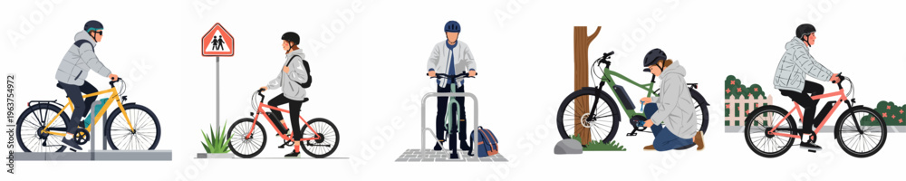 Fototapeta premium Flat vector illustrations set of diverse people using electric bicycles for commuting, school, and leisure, including riding, parking, and maintenance scenes.