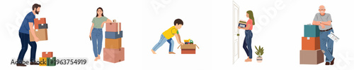 Foto Set of Illustrations Featuring People of Various Ages Packing and Carrying Cardb