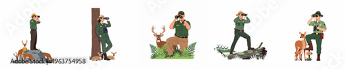 Photos Set of park rangers and game wardens using binoculars to monitor deer and fawns in various natural forest settings, isolated vector illustrations