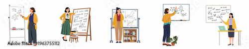 Collection of female teachers and professors explaining mathematics, geometry, and data analysis on whiteboards in a classroom or office setting.